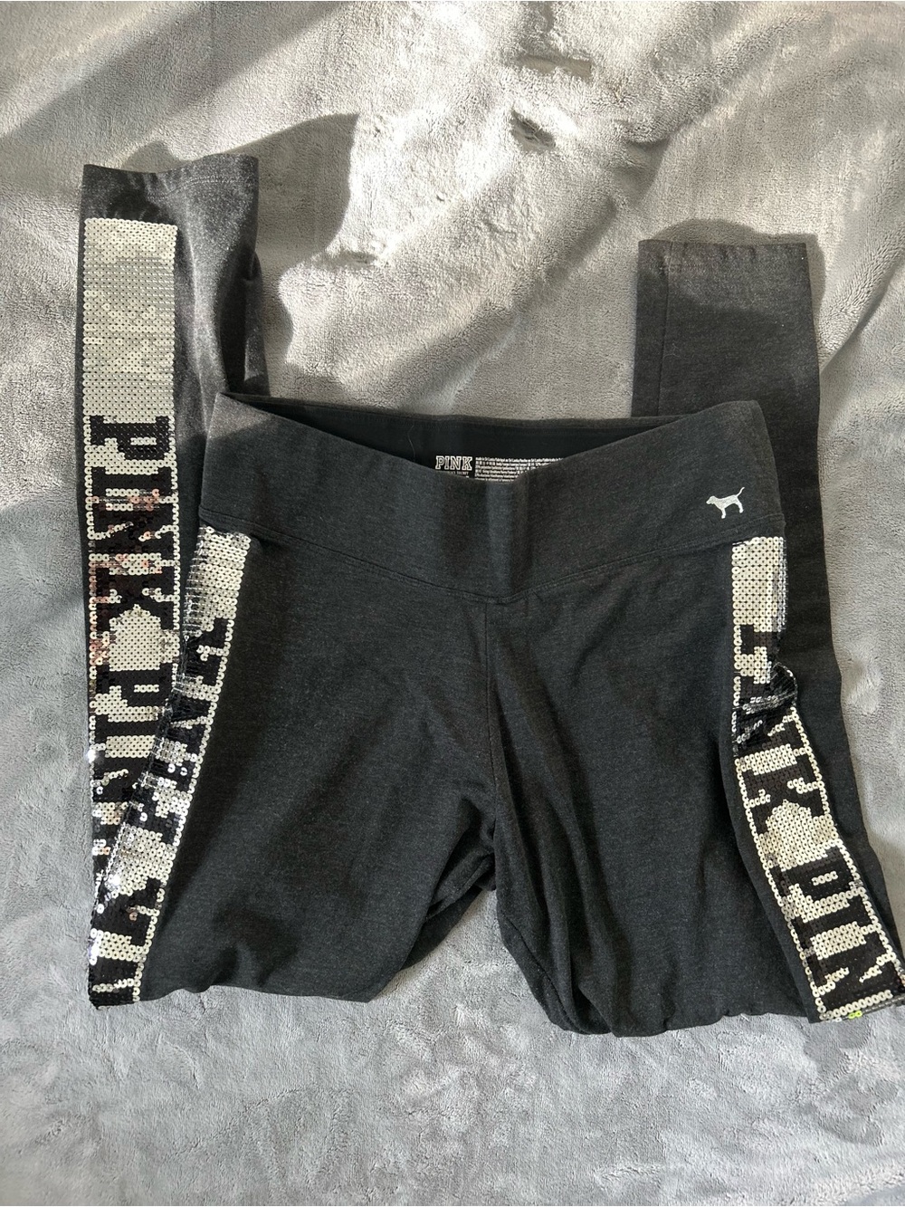 PINK Victoria's Secret Black Leggings with Silver Sequin Logo Panels - Picture 3 of 5